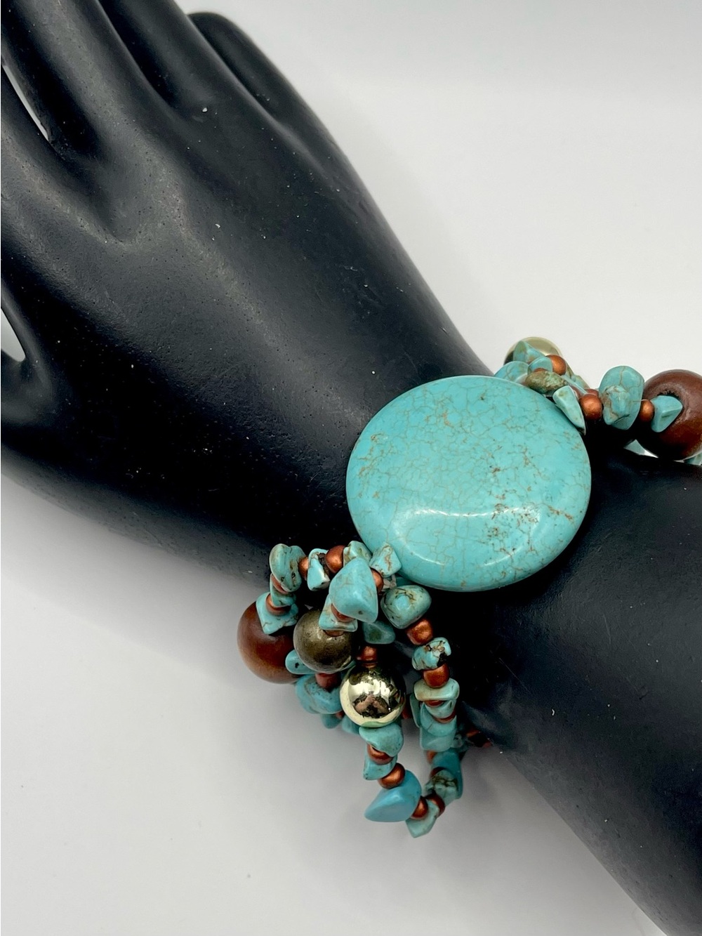 Vintage Boho Multi Strand Turquoise Chip Wood Bead Statement Stretch Bracelet